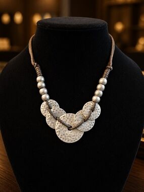 Silver-Tone Textured Disc Necklace with Brown Cord